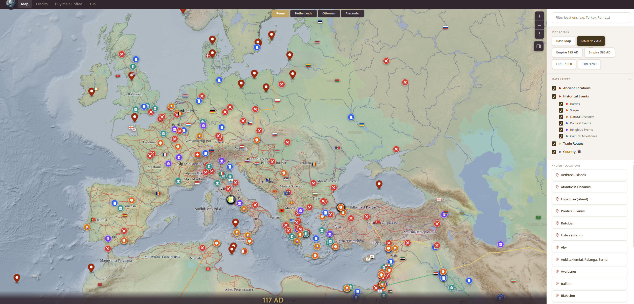 ChronoAtlas historical map of Europe with civilization layers and route markers