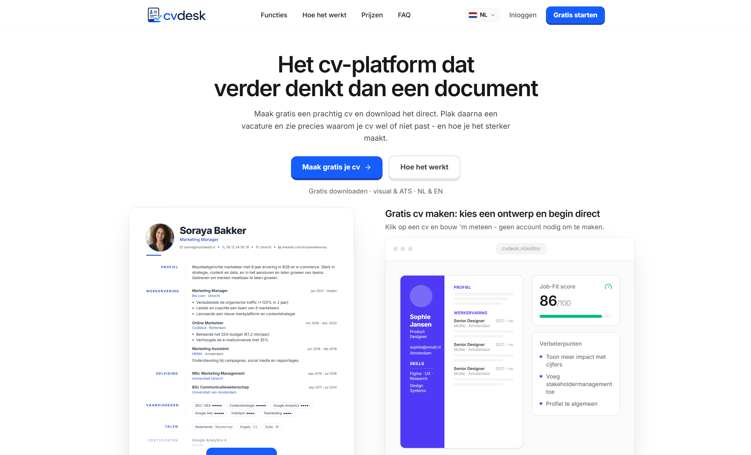 cvdesk homepage with the CV builder and a Job-Fit score panel scoring a CV against a vacancy