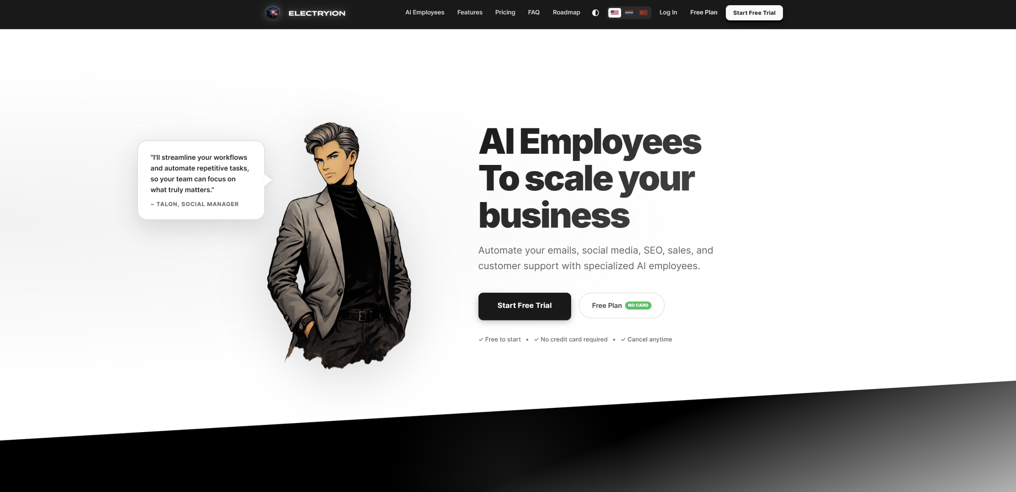 Electryion product interface, showing six AI employees laid out as a roster