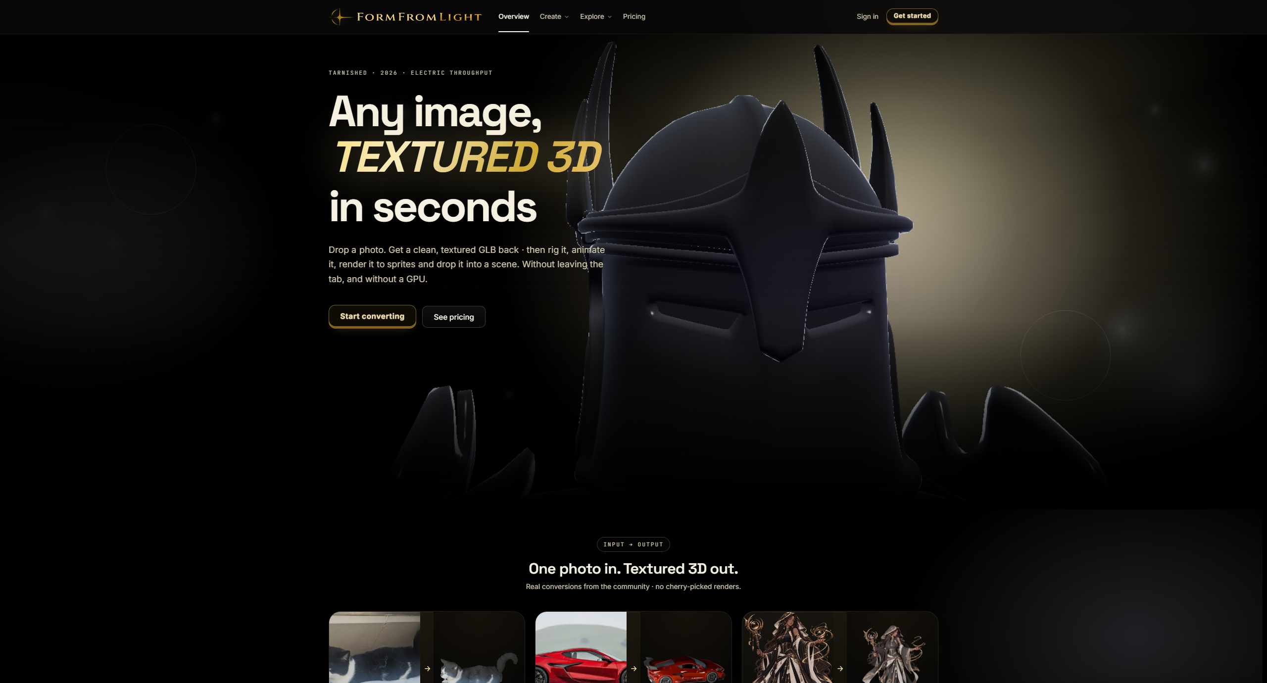 FormFromLight homepage with a textured 3D helmet render and photo-to-3D conversions from the community gallery